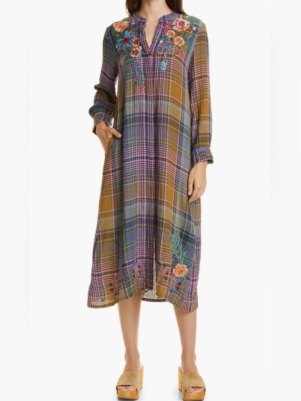Johnny Was Francisca 100% Cotton Shift Dress - Plaid Embroidered - Size Medium